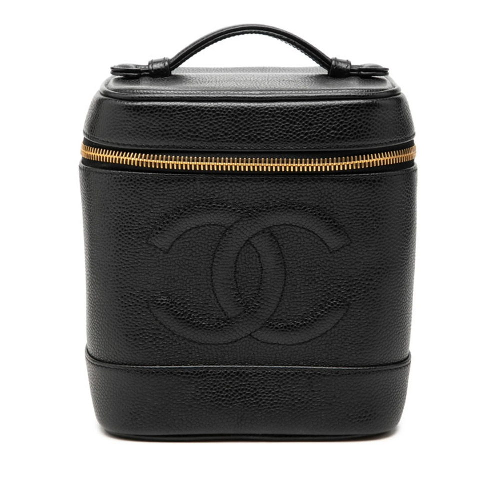CHANEL Black Caviar Leather Logo Vanity Bag